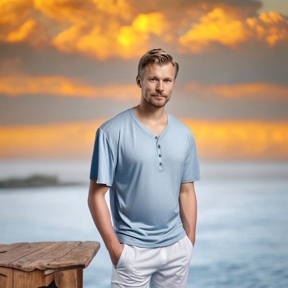 Mens Tee T&B Men’s T-Shirt Blue Cotton Short Sleeve Button Front T-shirt - Picture 1 of 7